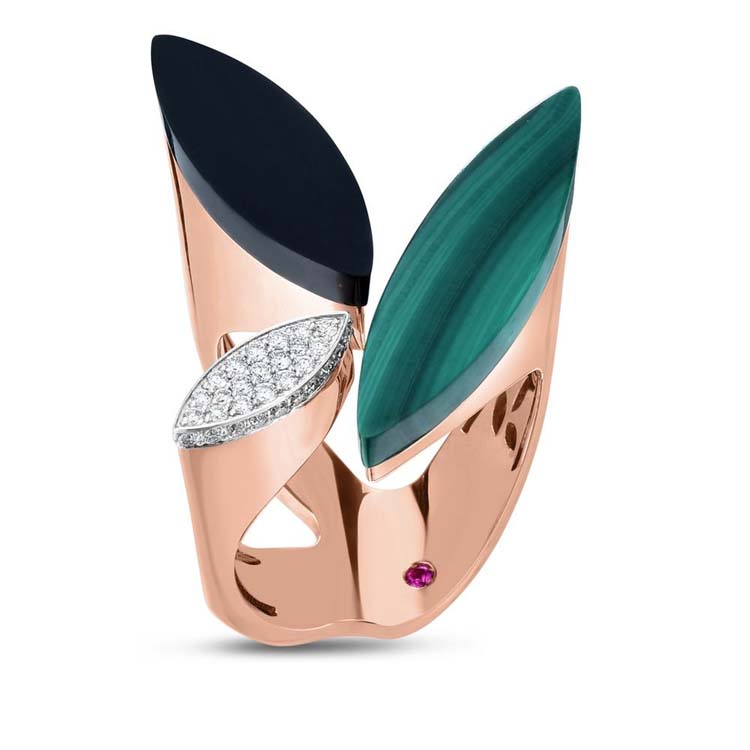 Petals Ring with Diamonds, Black Jade & Malachite