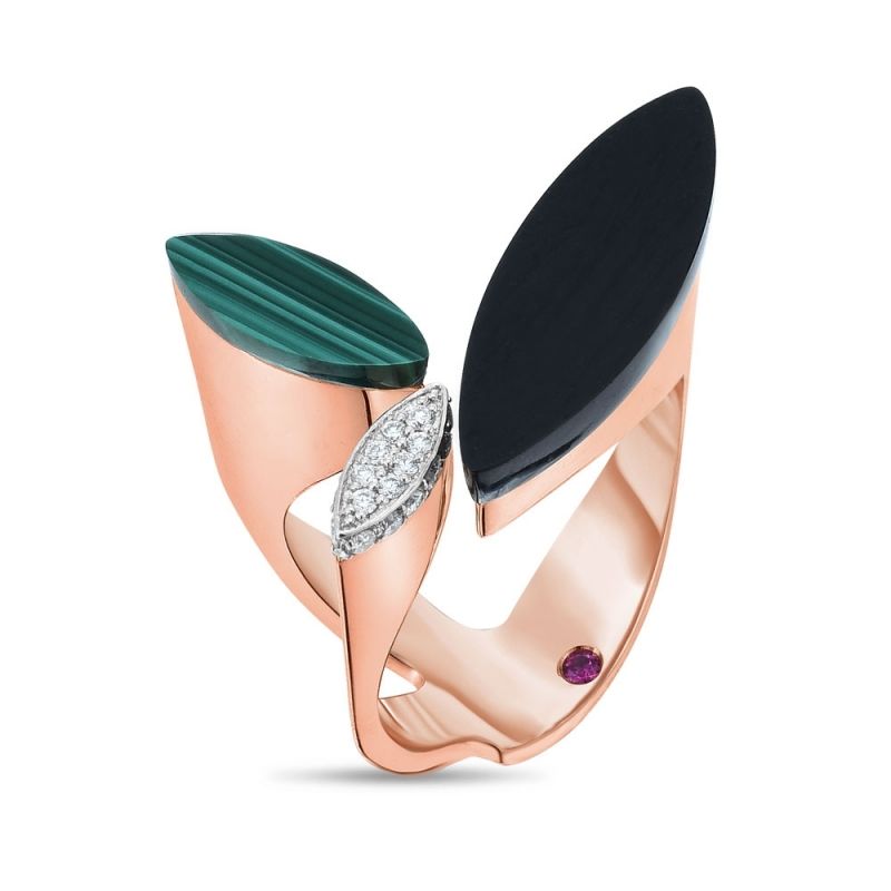 Roberto Coin Petals Ring with Diamonds, Black Jade & Malachite