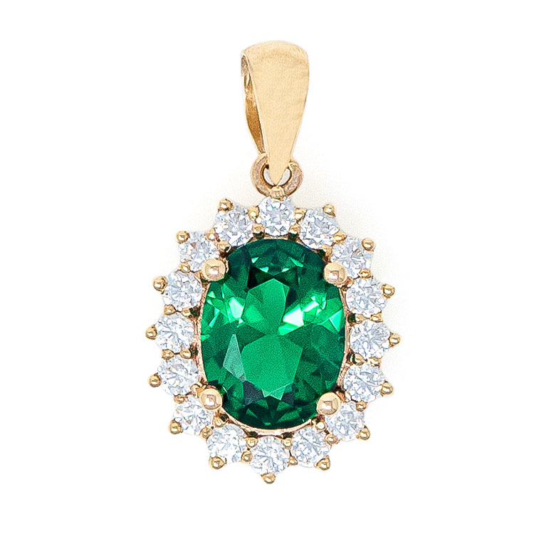 Pendant in Yellow Gold 9kt with Synthetic Emerald and White Zirconia