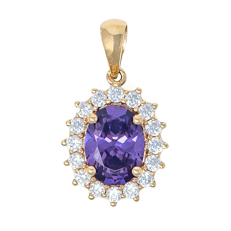 Pendant in Yellow Gold 9kt with Synthetic Amethyst and White Zirconia