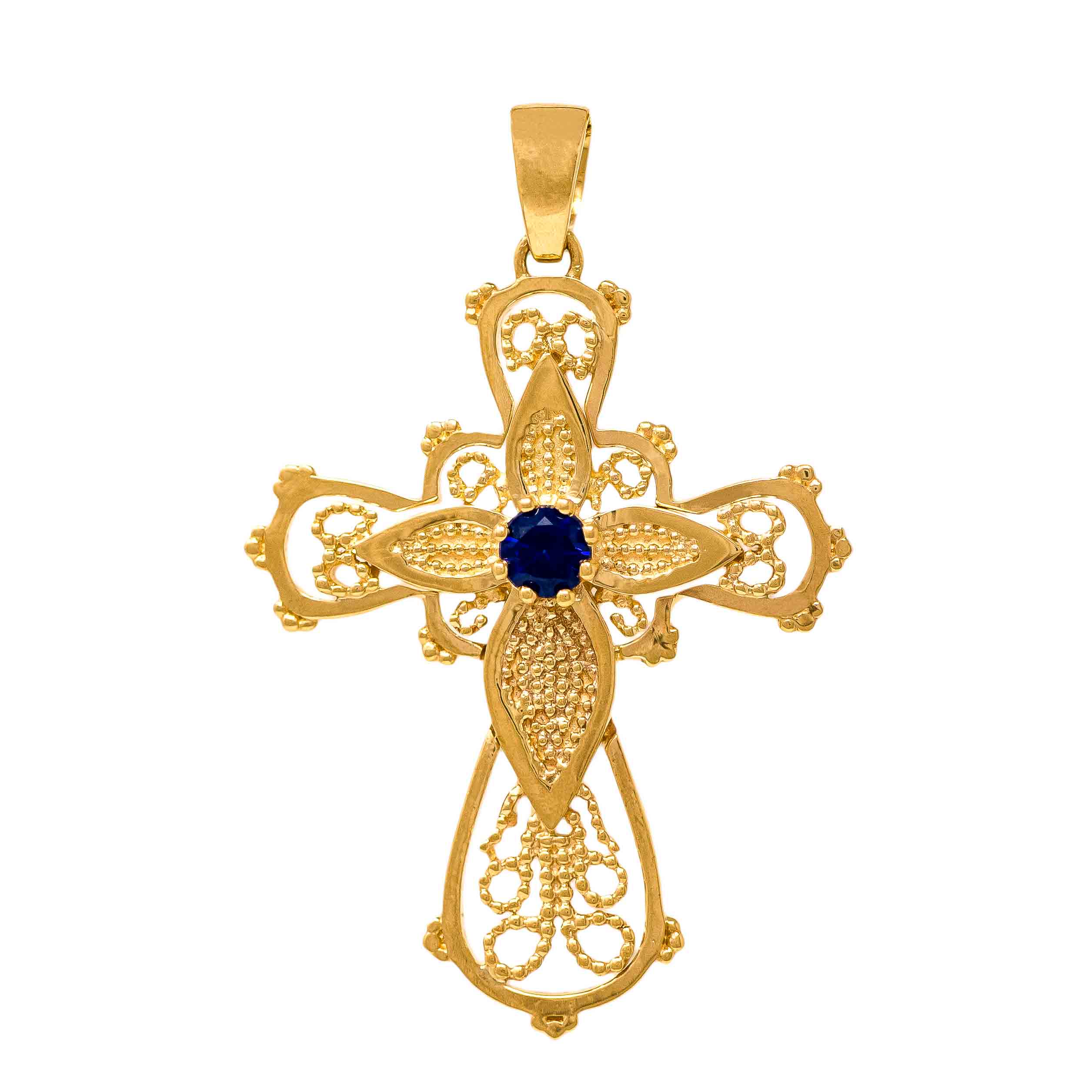 Cross in 9kt Yellow Gold with Synthetic Blue Sapphire