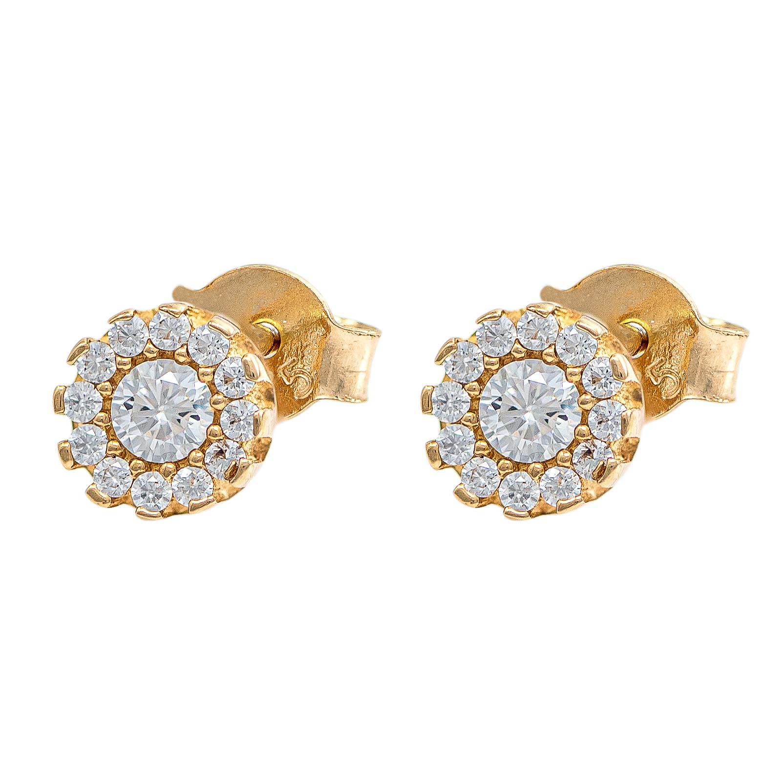 Orecchini A Bottone Oro Giallo 9kt Con Asso Di Fiori E Cubic Zirconia - Chiusura Andralok