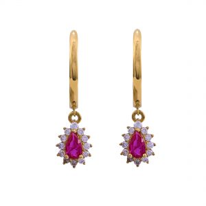 Yellow Gold 9kt Earrings with Synthetic Ruby and White Cubic Zirconia