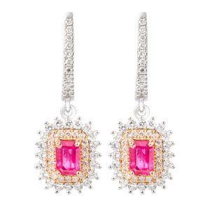 White & Rose Gold Earrings with Diamonds & Ruby