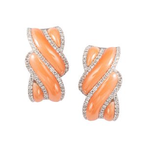 White Gold Earrings with Coral & Diamonds