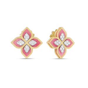 Roberto Coin Princess Flower Yellow gold Earrings with Diamonds and Rhodonite